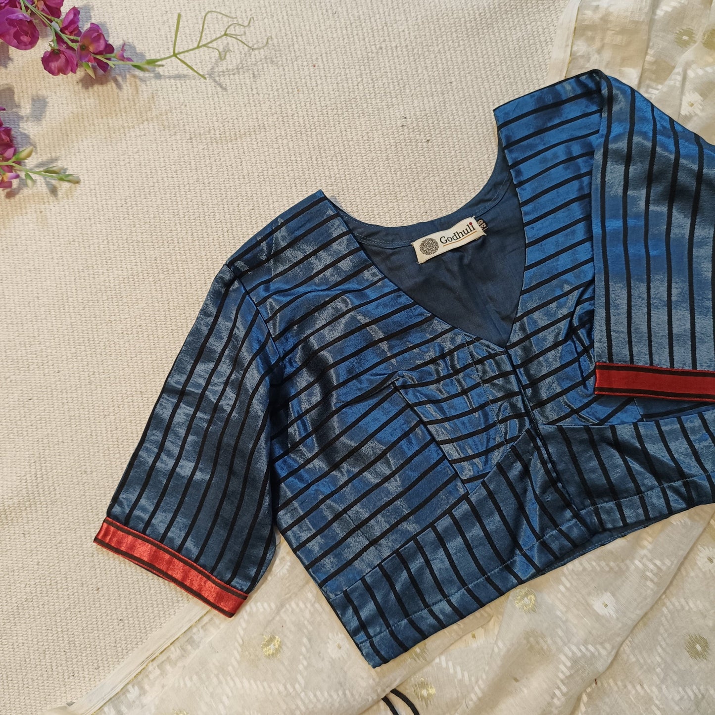 Steel Grey Gaji Silk Stripes Blouse