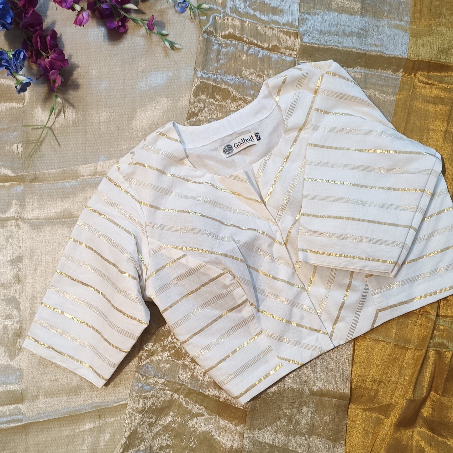 White Blouse with Golden Zari Stripes