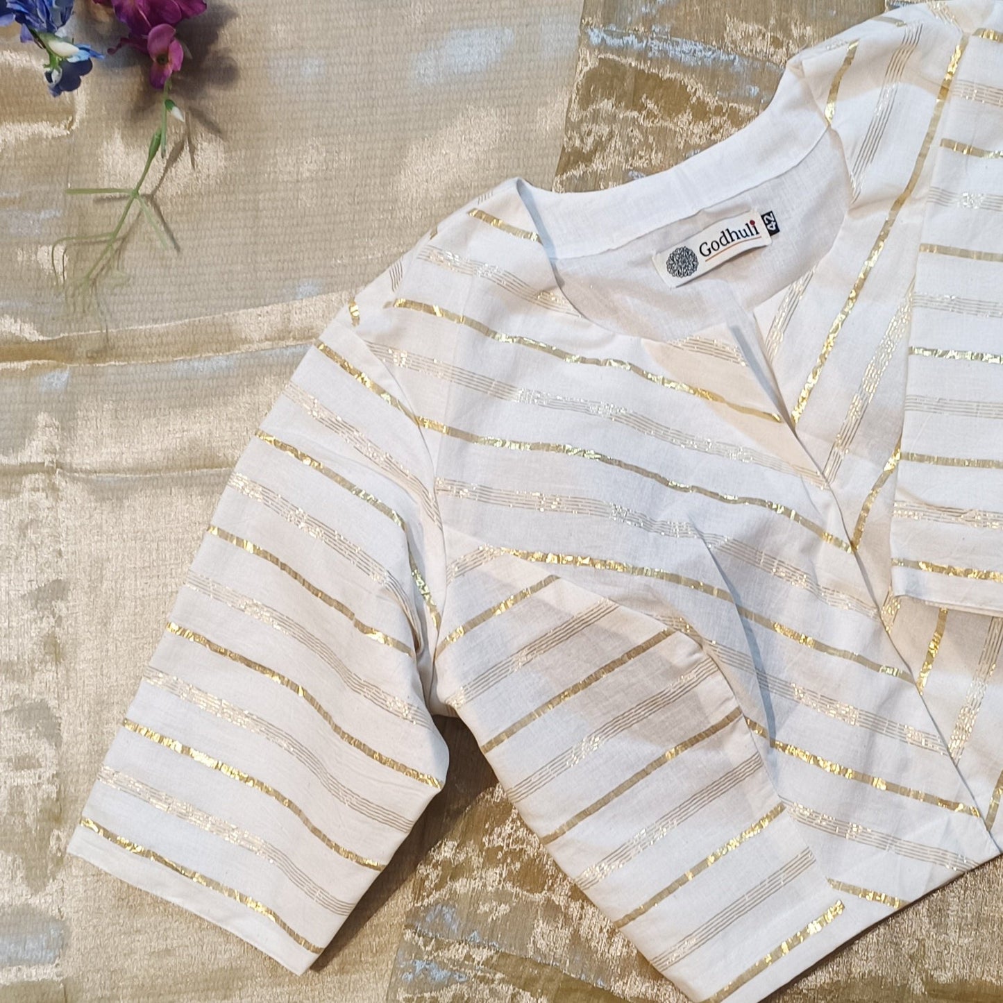 White Blouse with Golden Zari Stripes