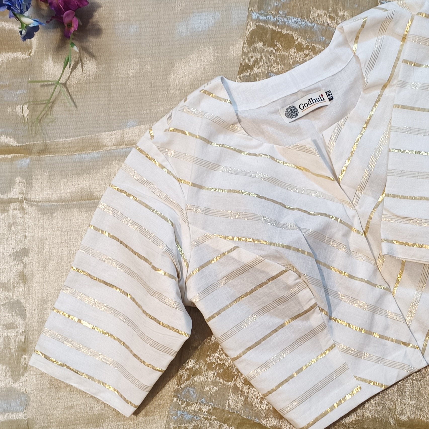 White Blouse with Golden Zari Stripes