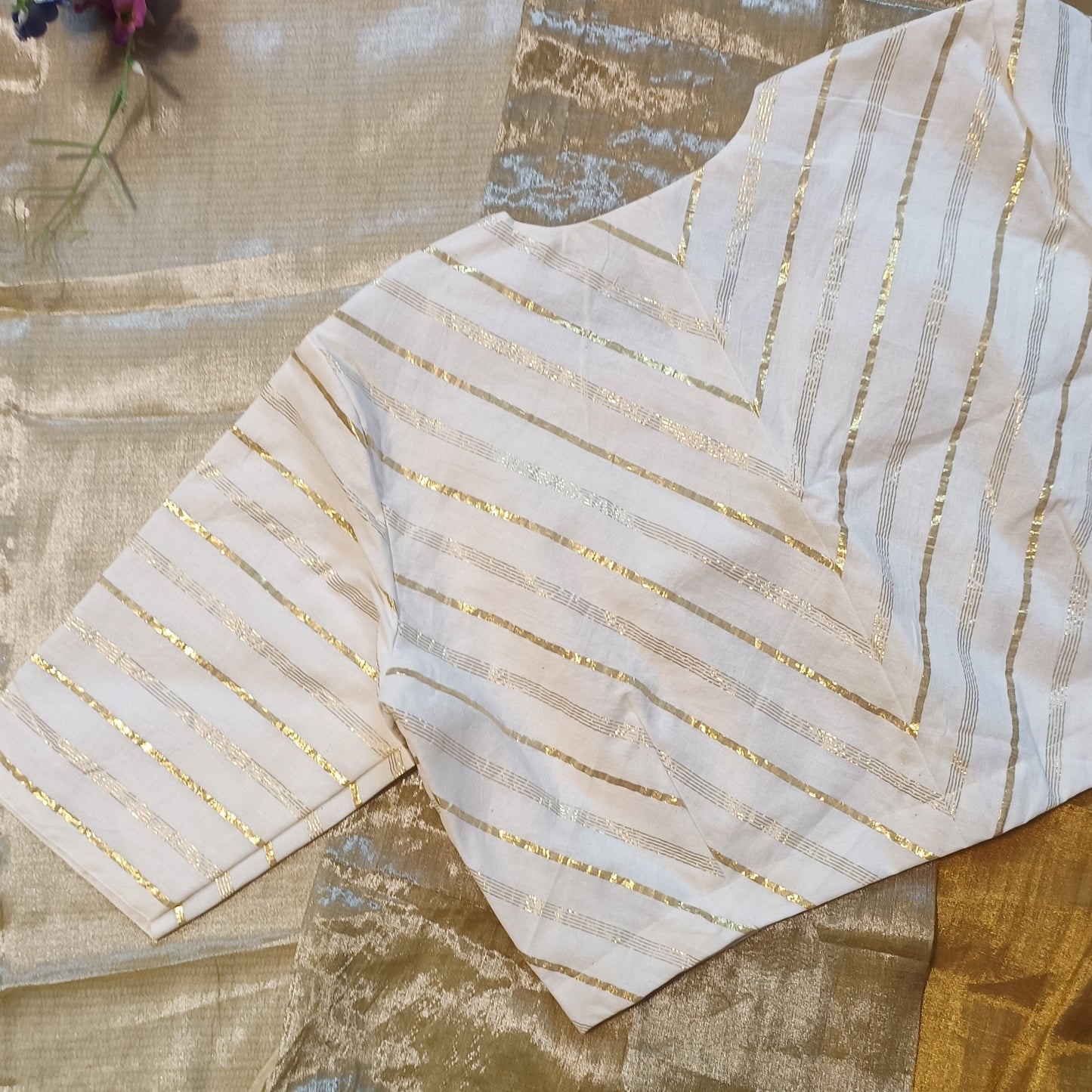 White Blouse with Golden Zari Stripes