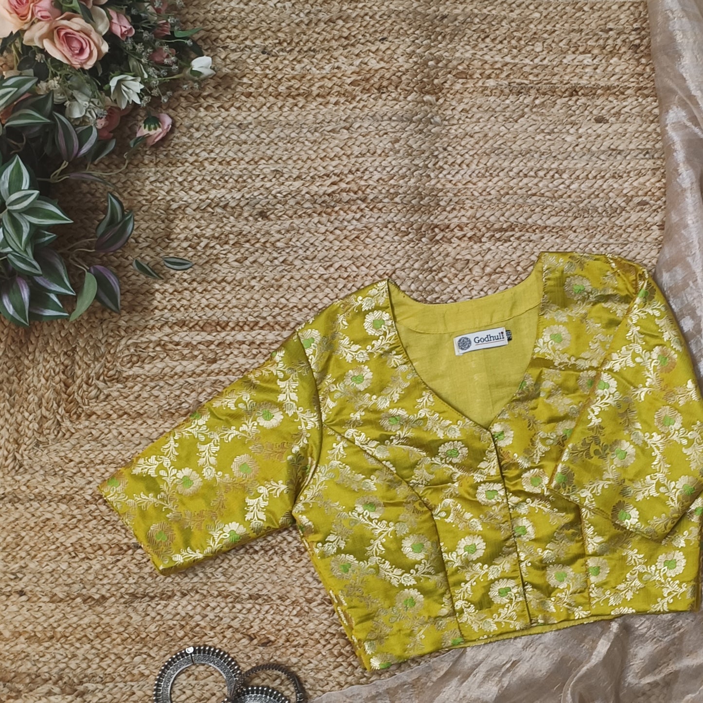 Yellow Parrot Green Banarasi Brocade Blouse