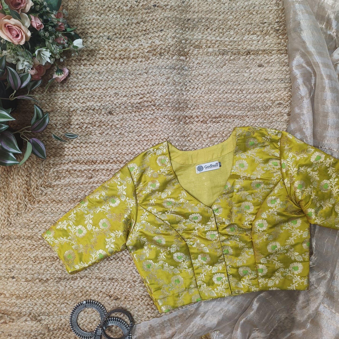 Yellow Parrot Green Banarasi Brocade Blouse