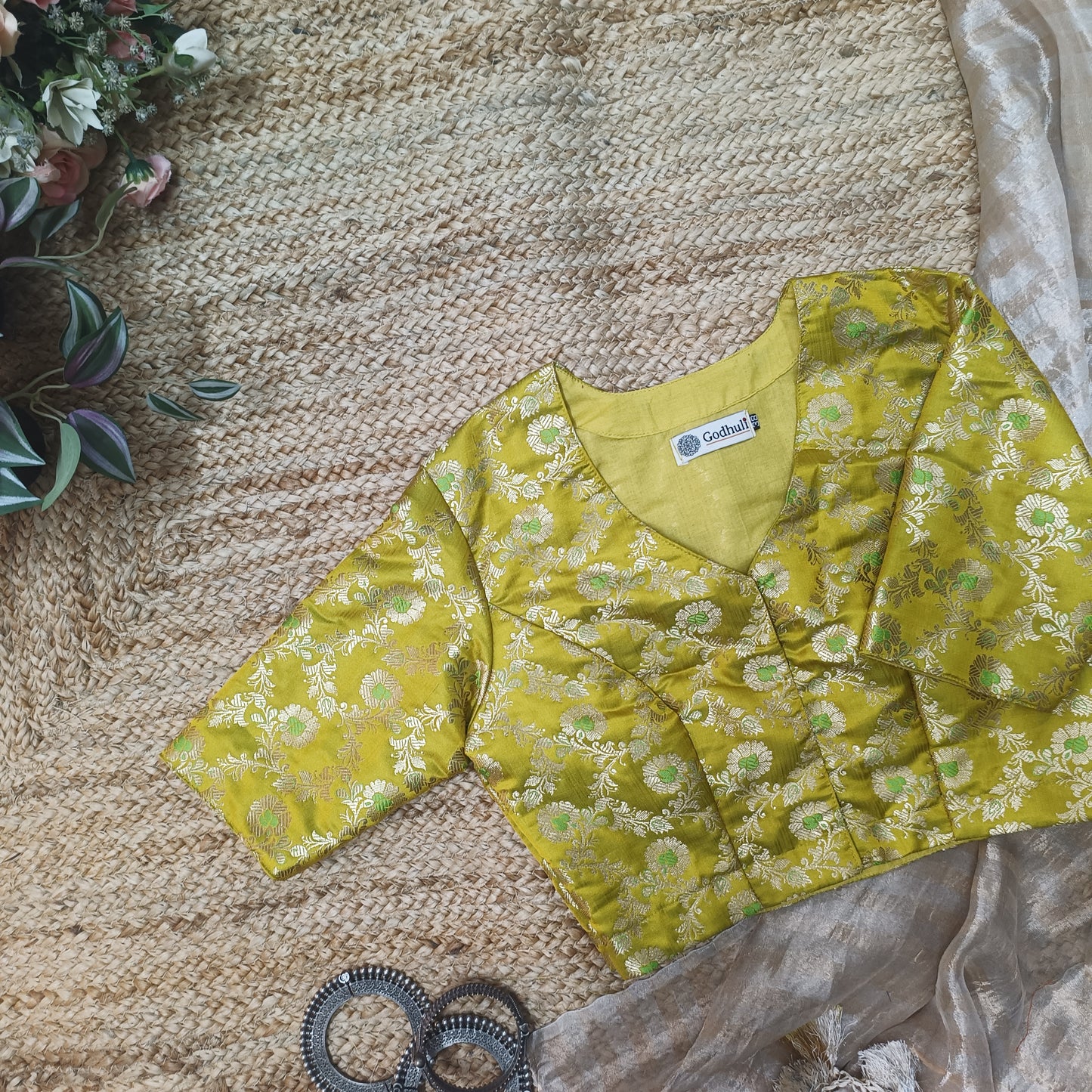 Yellow Parrot Green Banarasi Brocade Blouse