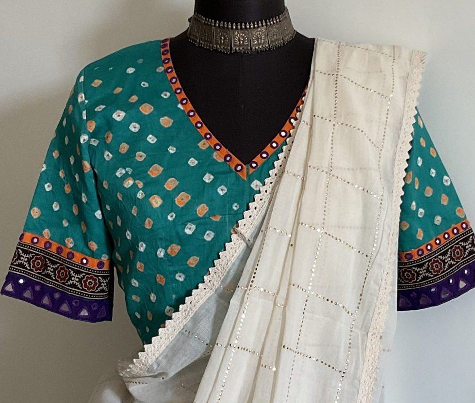 Sea Green Bandhani Blouse with Mirror Work
