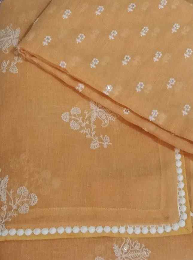 Apricot Yellow Embroidered Linen Saree