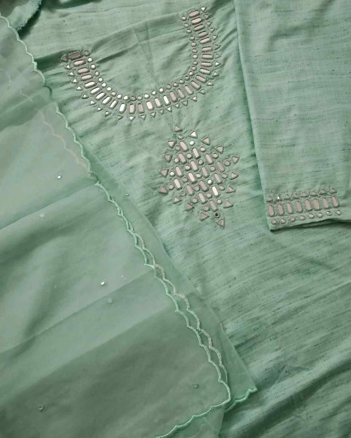 Aqua Green Mirror Work Suit Set