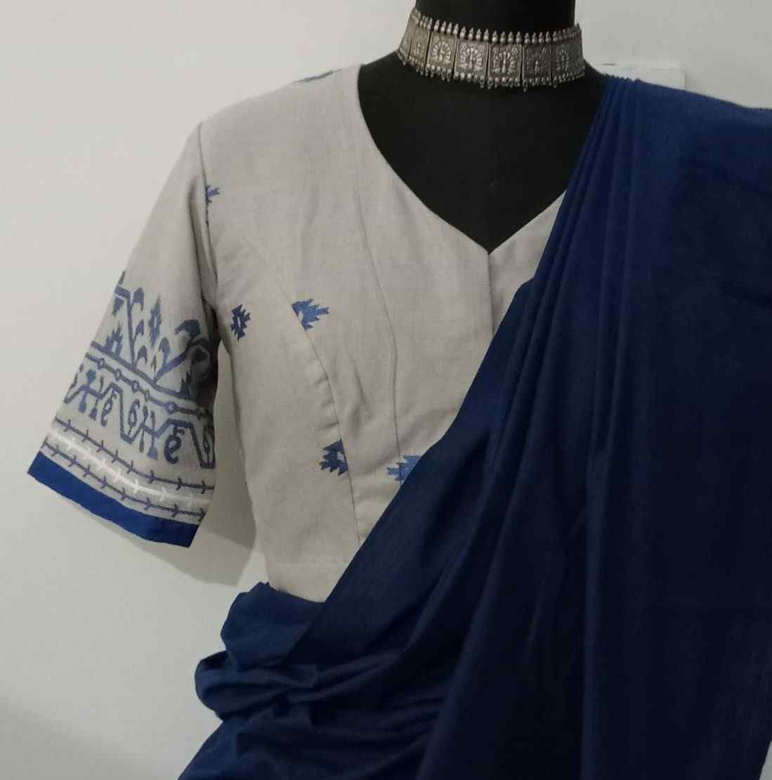 Ash Grey-Ink Blue Jaquard Blouse
