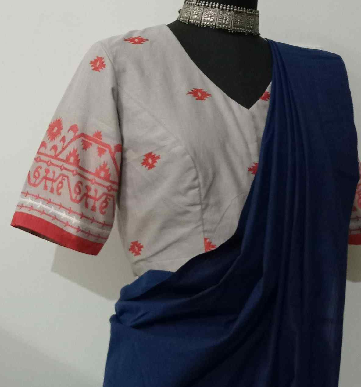 Ash Grey-Rust Orange Jaquard Blouse