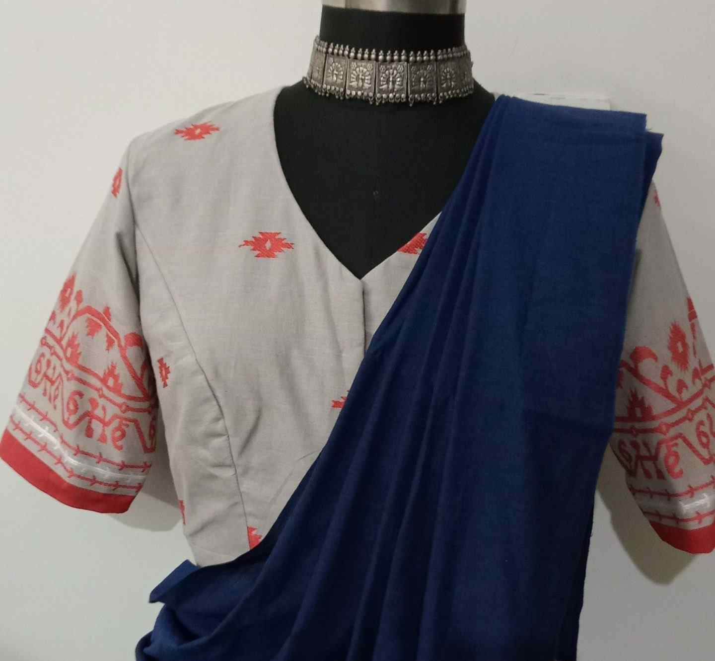 Ash Grey-Rust Orange Jaquard Blouse