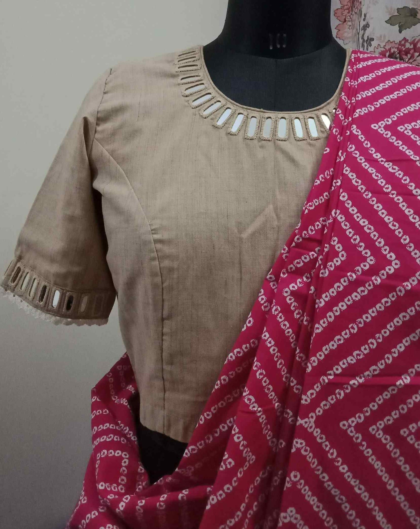 Beige Colour Khakhi Blouse with Mirror Work