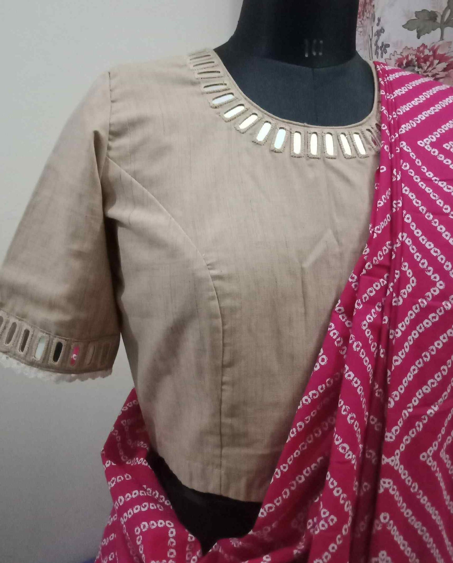 Beige Colour Khakhi Blouse with Mirror Work