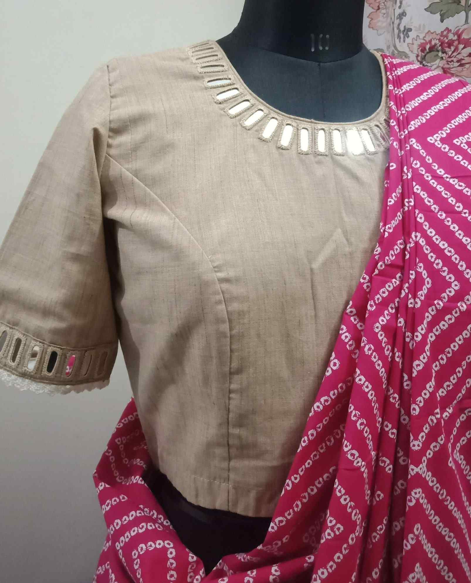 Beige Colour Khakhi Blouse with Mirror Work