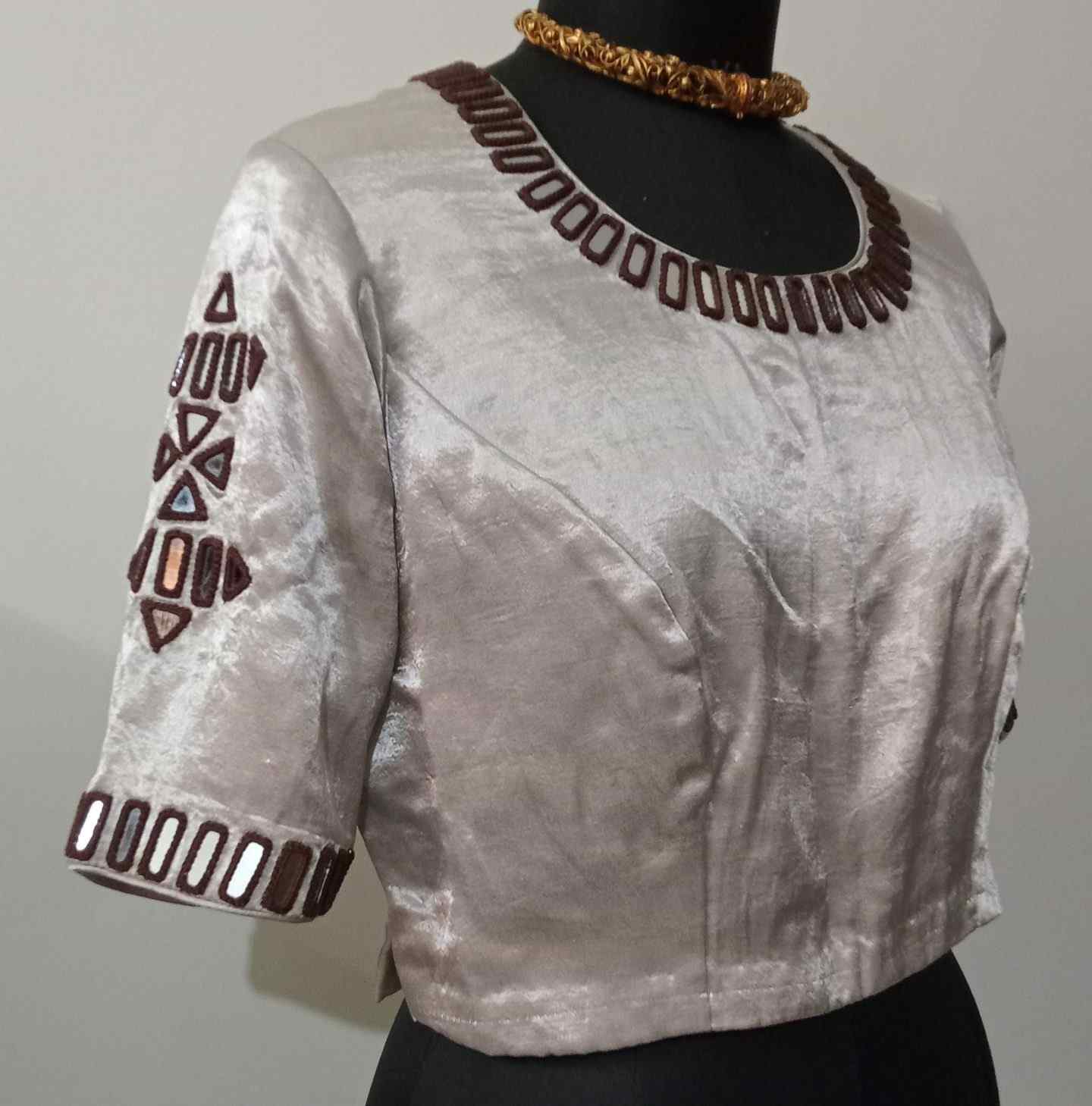 Beige Gaji Silk Blouse with Brown Mirror Work