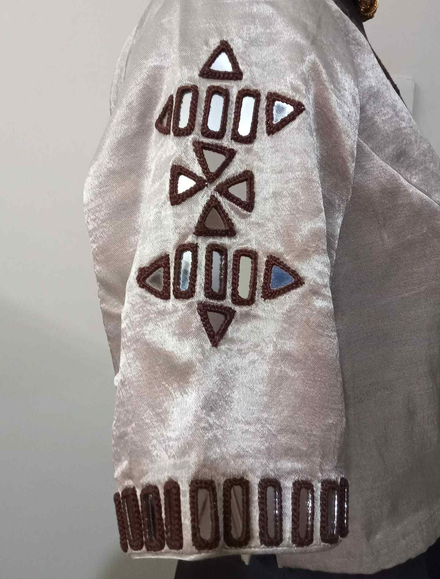 Beige Gaji Silk Blouse with Brown Mirror Work