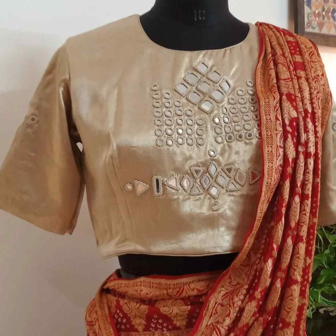 Beige Gaji Silk Mirror Work Blouse