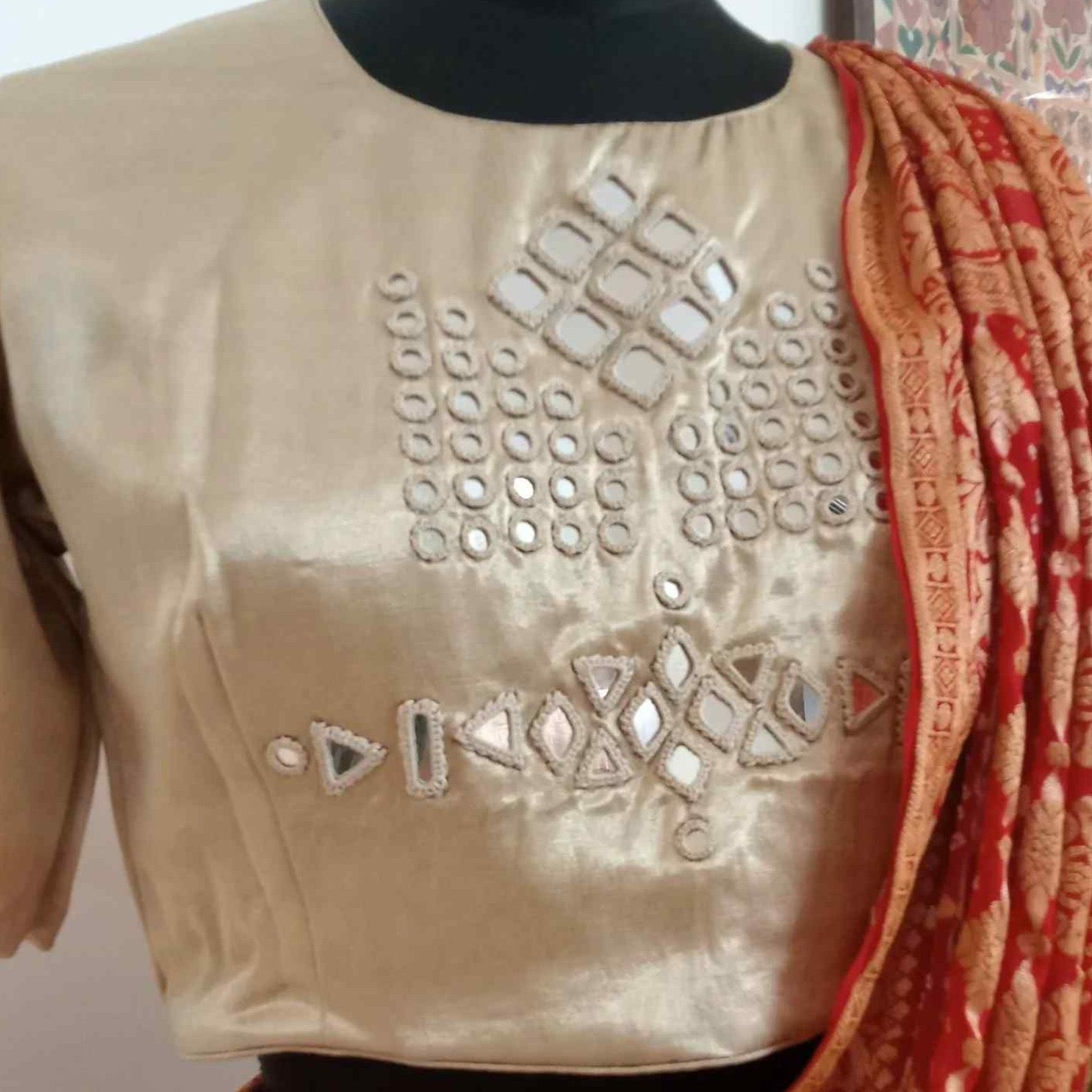 Beige Gaji Silk Mirror Work Blouse