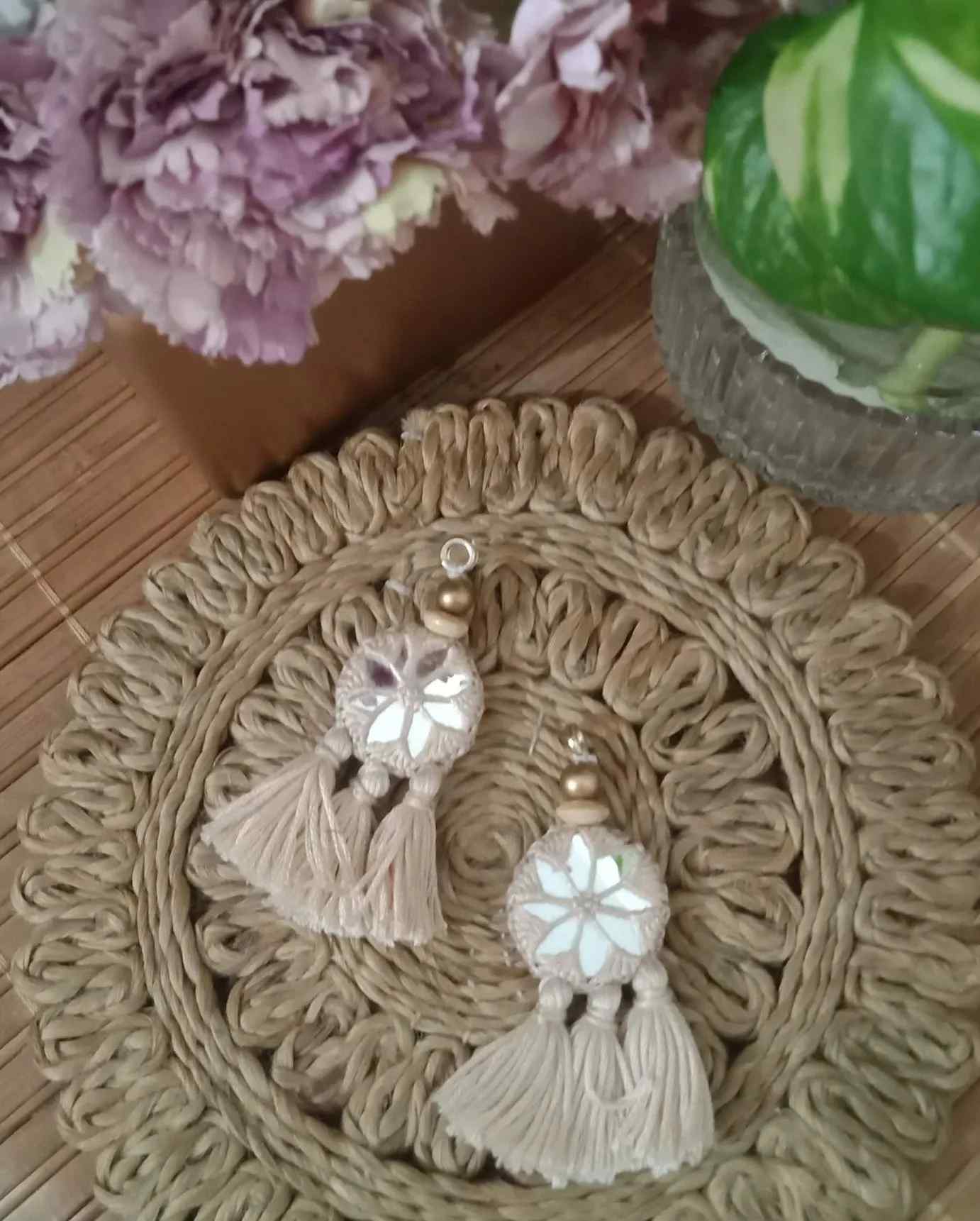 Beige Handmade Mirrorwork Tassels