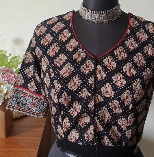 Black Dotted Ajrakh Cotton Designer Blouse