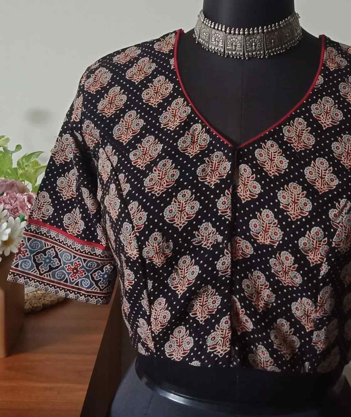Black Dotted Ajrakh Cotton Designer Blouse