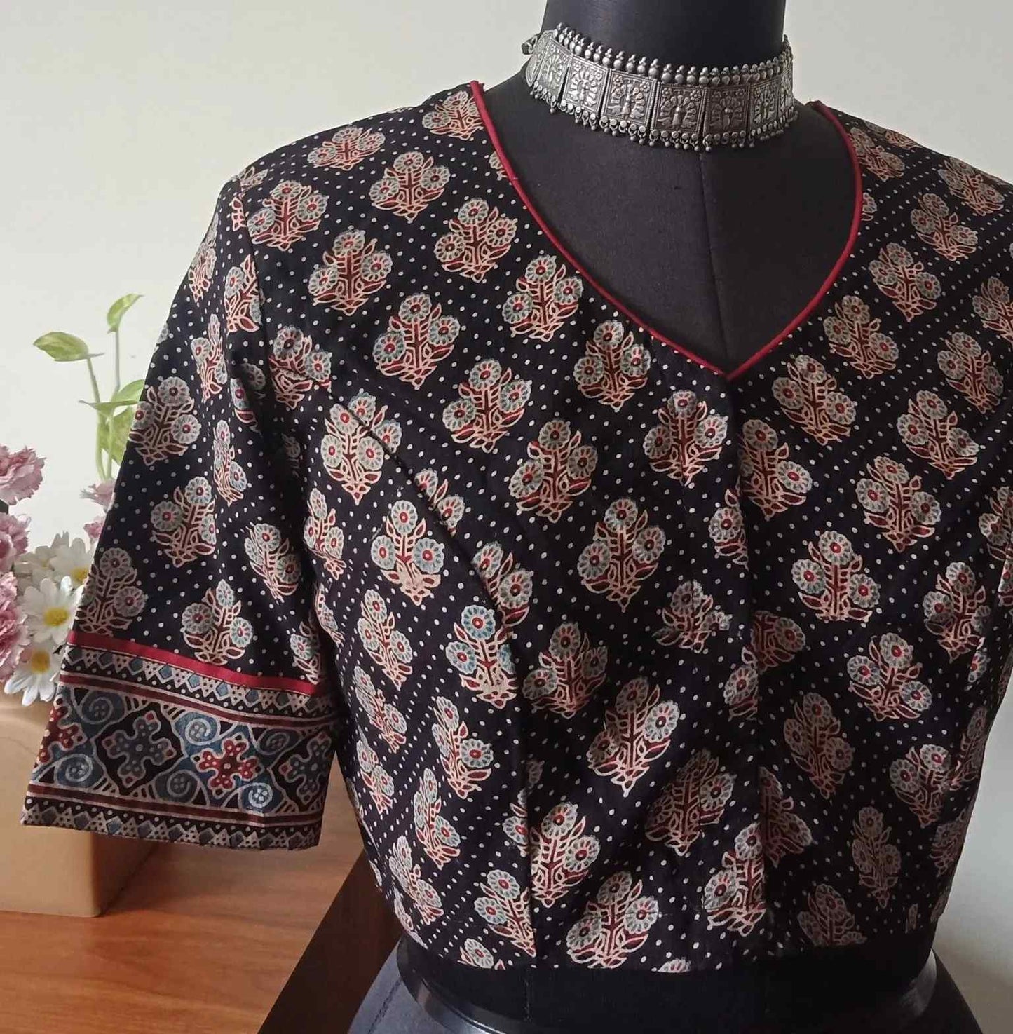Black Dotted Ajrakh Cotton Designer Blouse