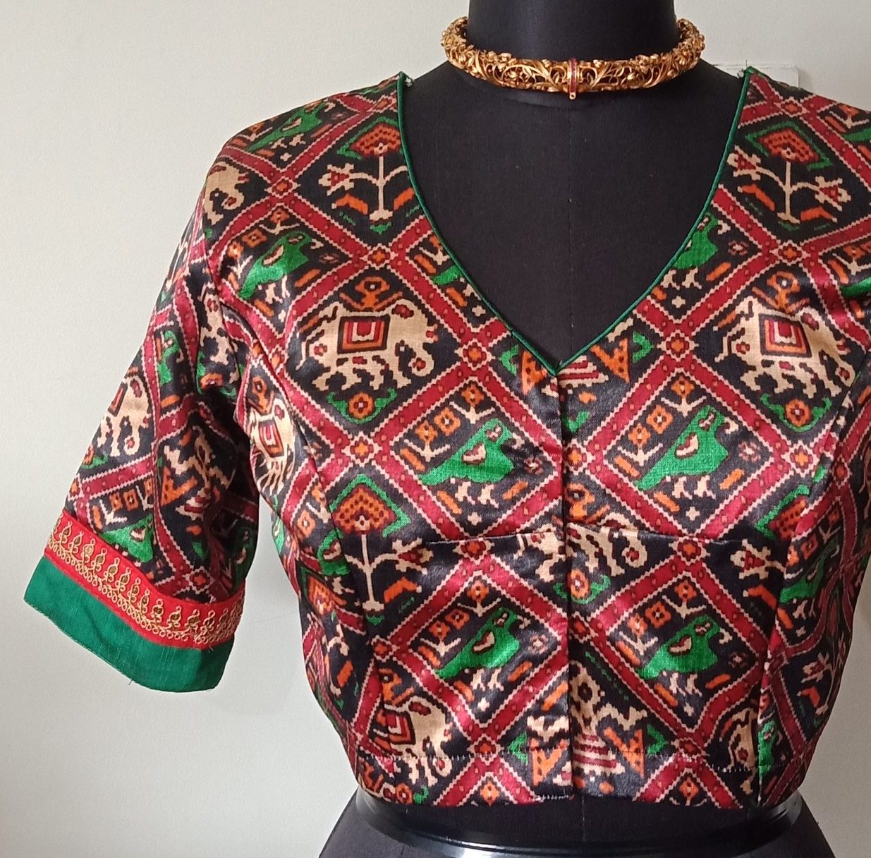 Black Green Gaji Silk Patola Blouse
