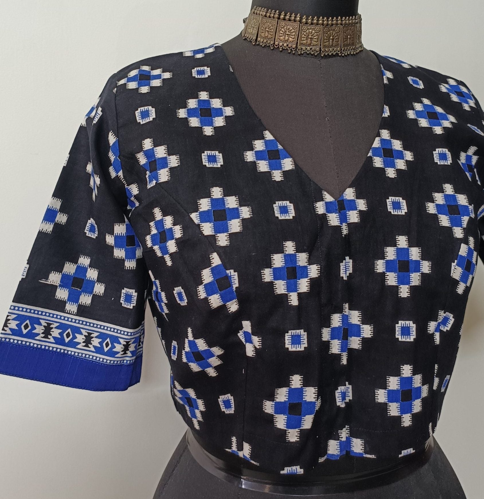 Black Blue Geometric Print Blouse
