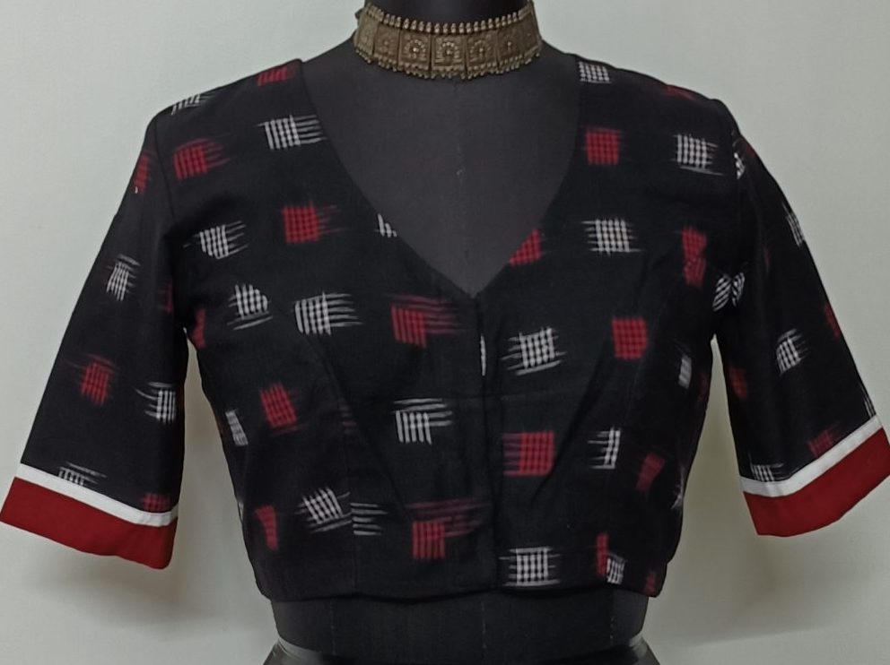 Black Double Ikat Blouse with White Red Motif