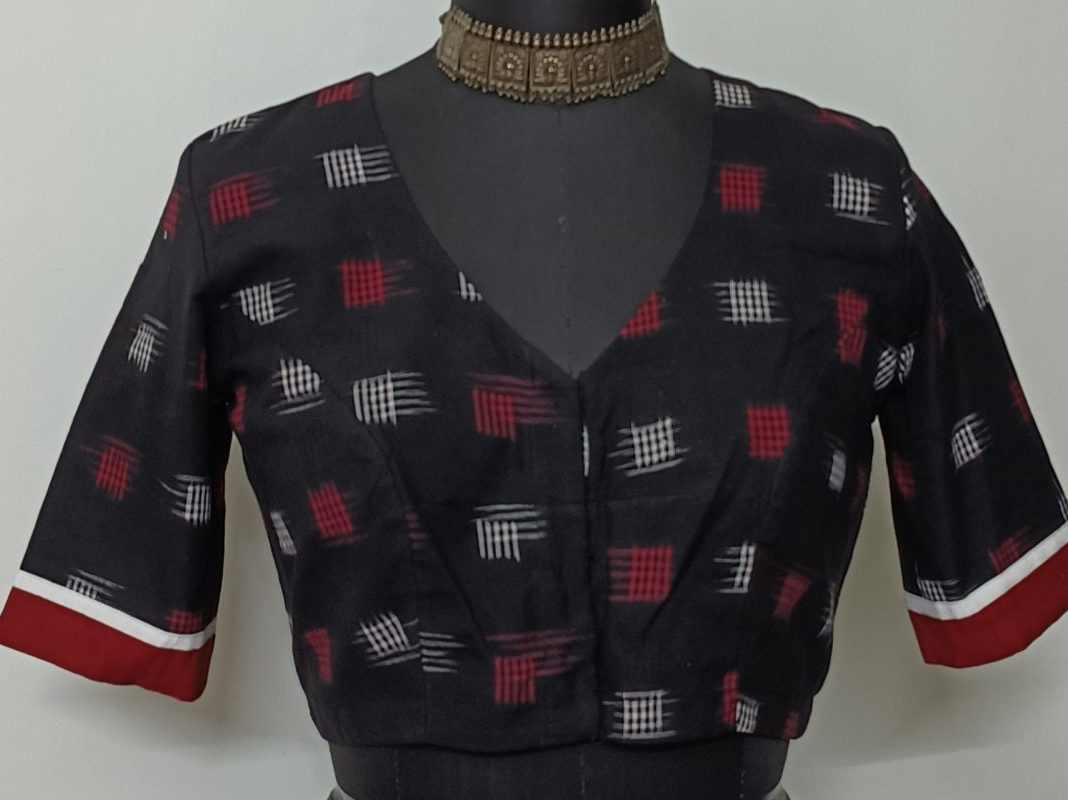 Black Double Ikat Blouse with White Red Motif