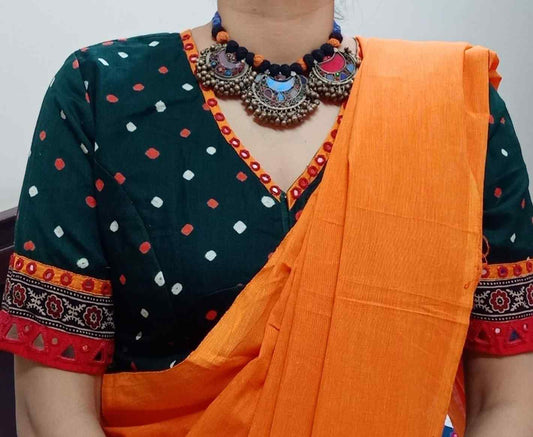 Dark Green Bandhani Blouse with Mirror Work