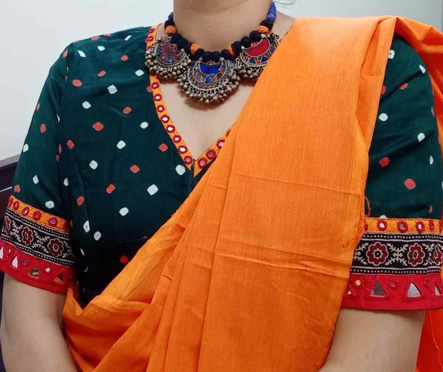 Dark Green Bandhani Blouse with Mirror Work