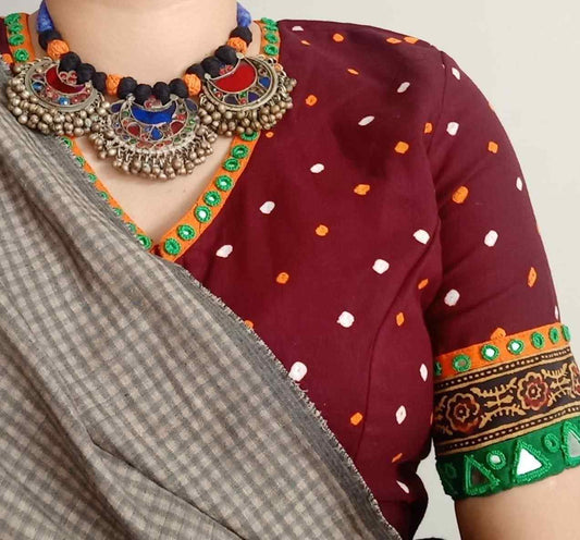 Dark Maroon Bandhani Blouse with Mirror Work