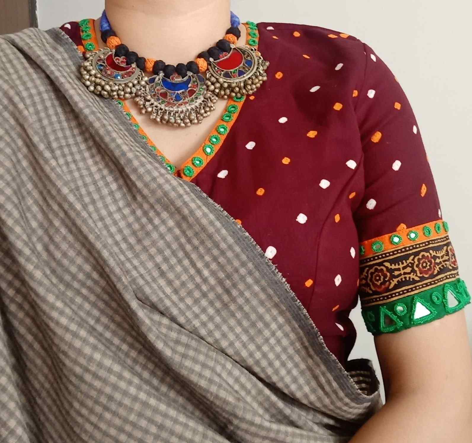 Dark Maroon Bandhani Blouse with Mirror Work