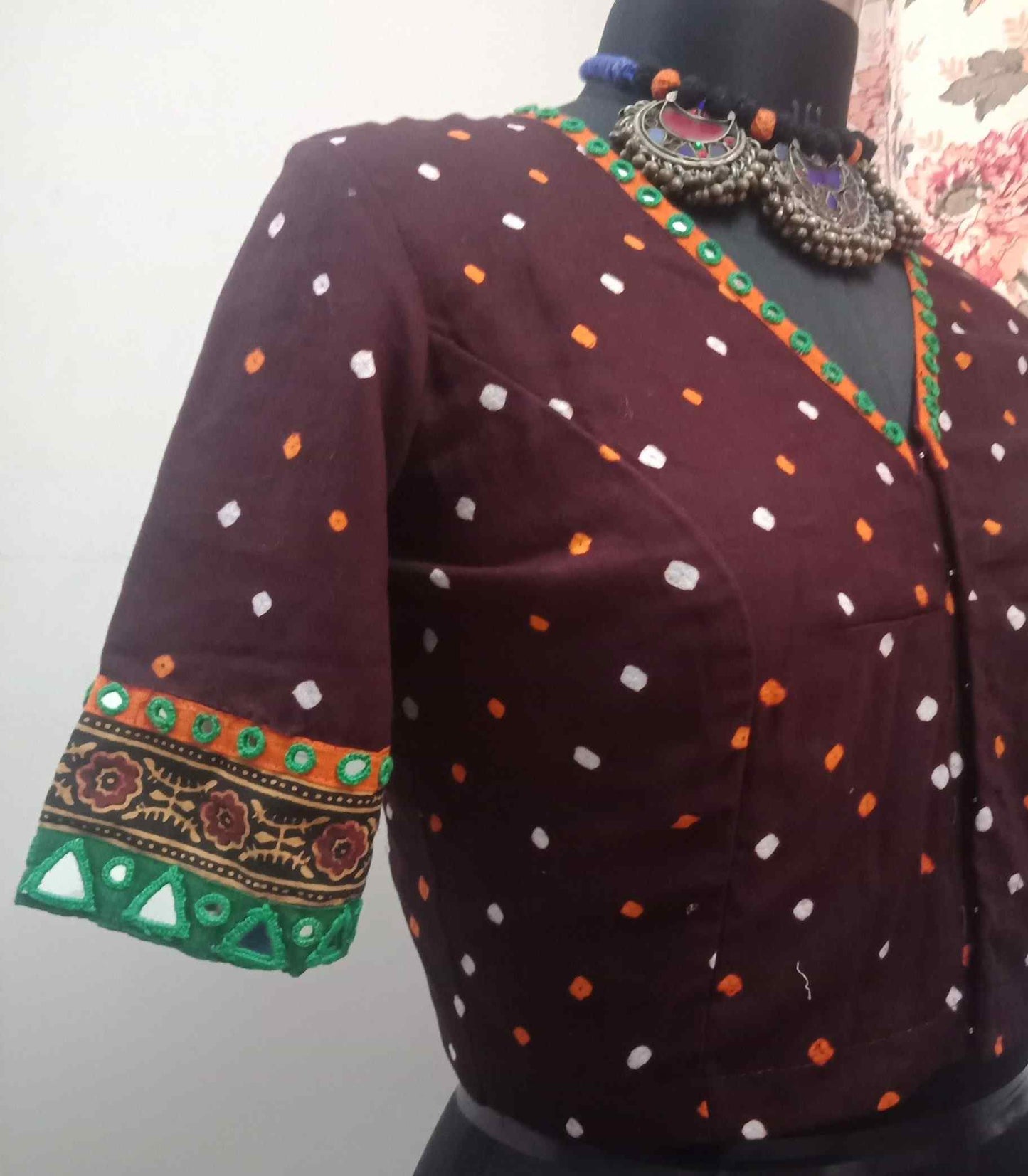 Dark Maroon Bandhani Blouse with Mirror Work