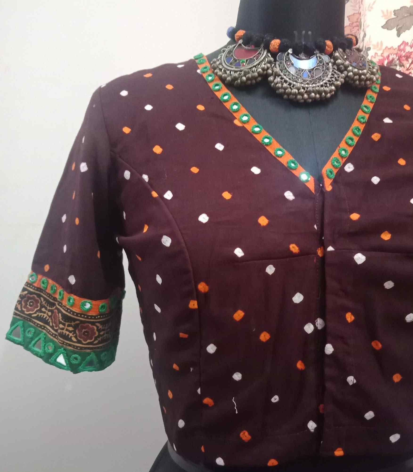 Dark Maroon Bandhani Blouse with Mirror Work