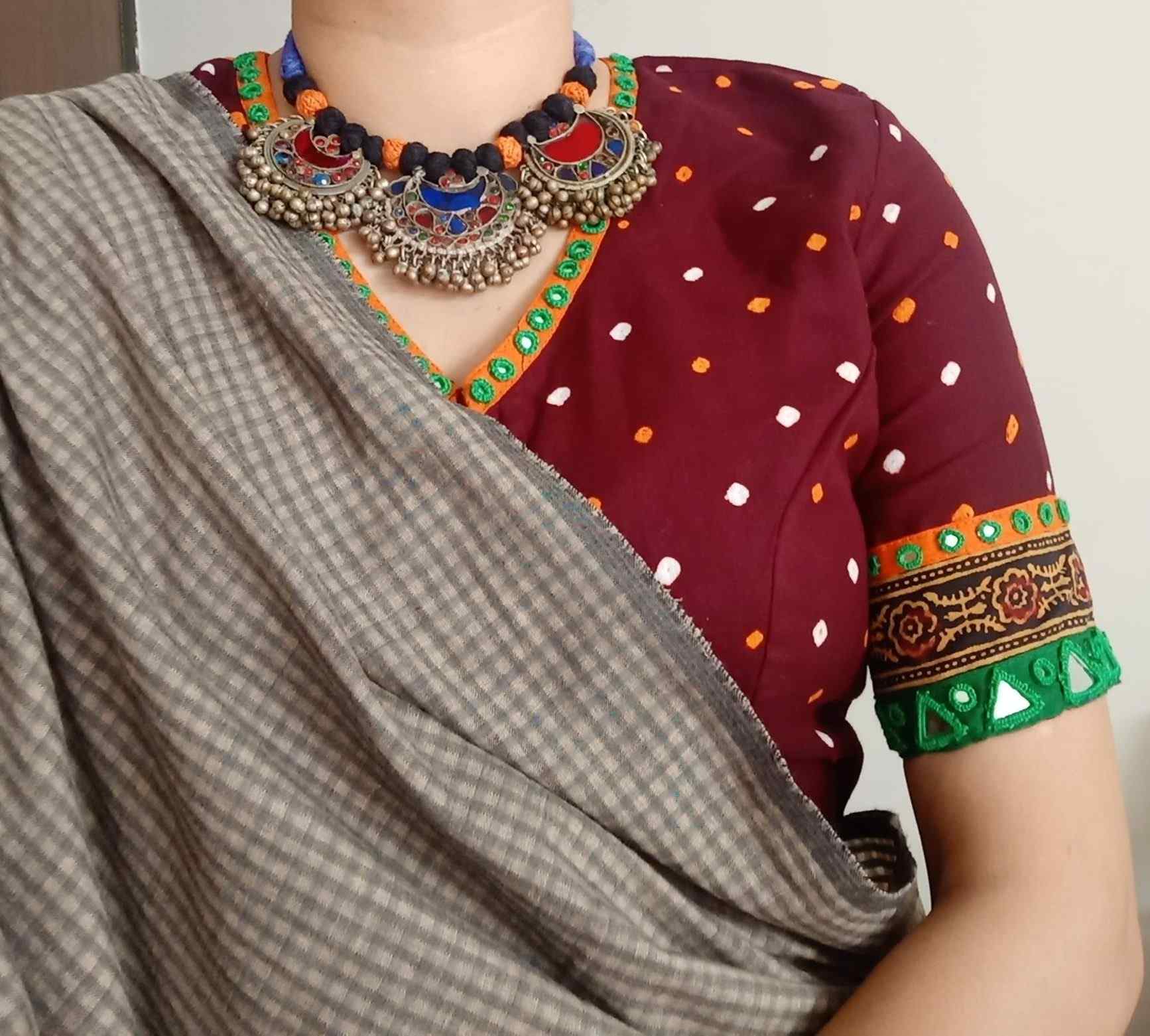 Dark Maroon Bandhani Blouse with Mirror Work