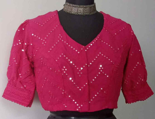 Fuschia Mirrorwork Blouse with Puff Sleeves