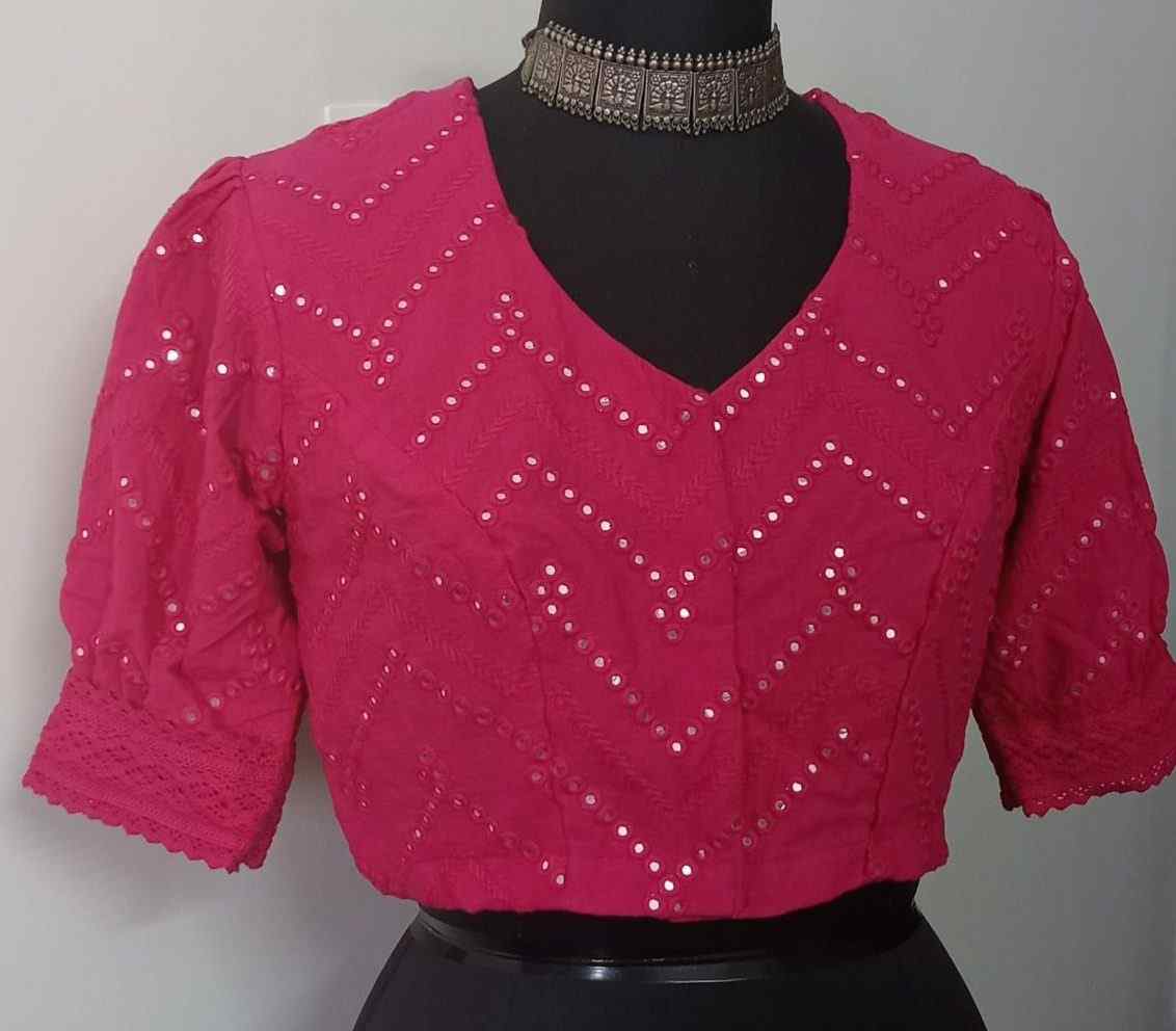 Fuschia Mirrorwork Blouse with Puff Sleeves