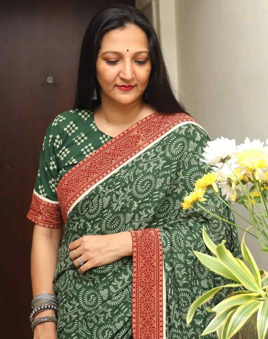 Green Warli Hand Block Print Mulmul Saree