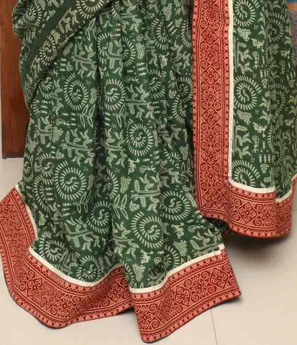Green Warli Hand Block Print Mulmul Saree