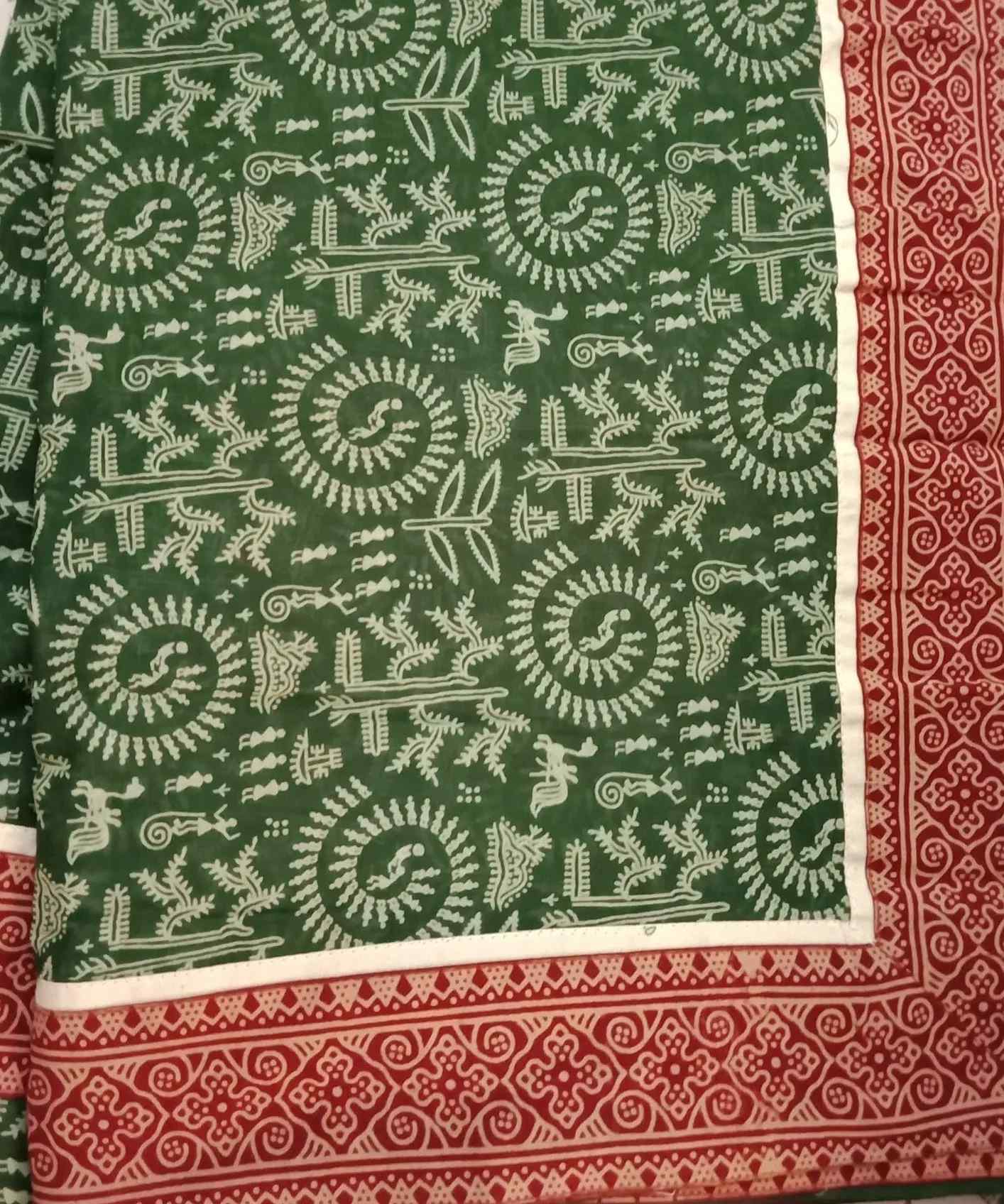 Green Warli Hand Block Print Mulmul Saree