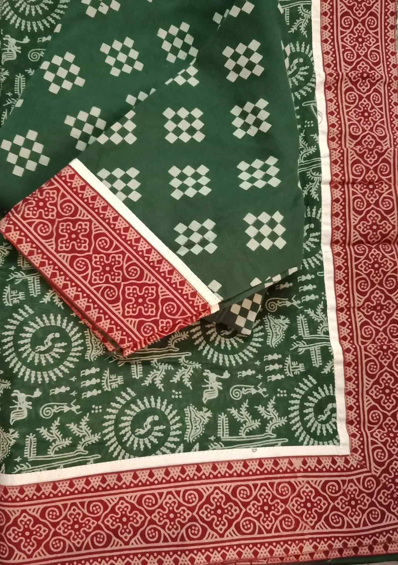Green Warli Hand Block Print Mulmul Saree