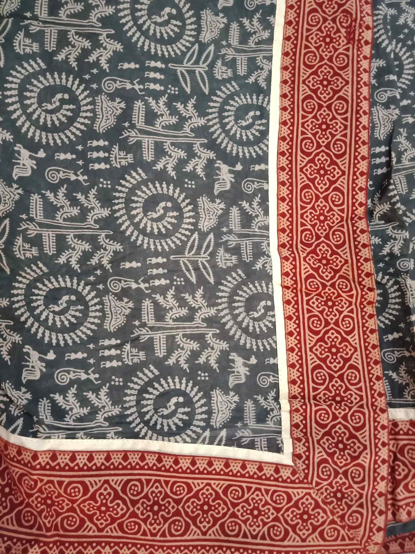 Grey Warli Hand Block Print Mulmul Saree