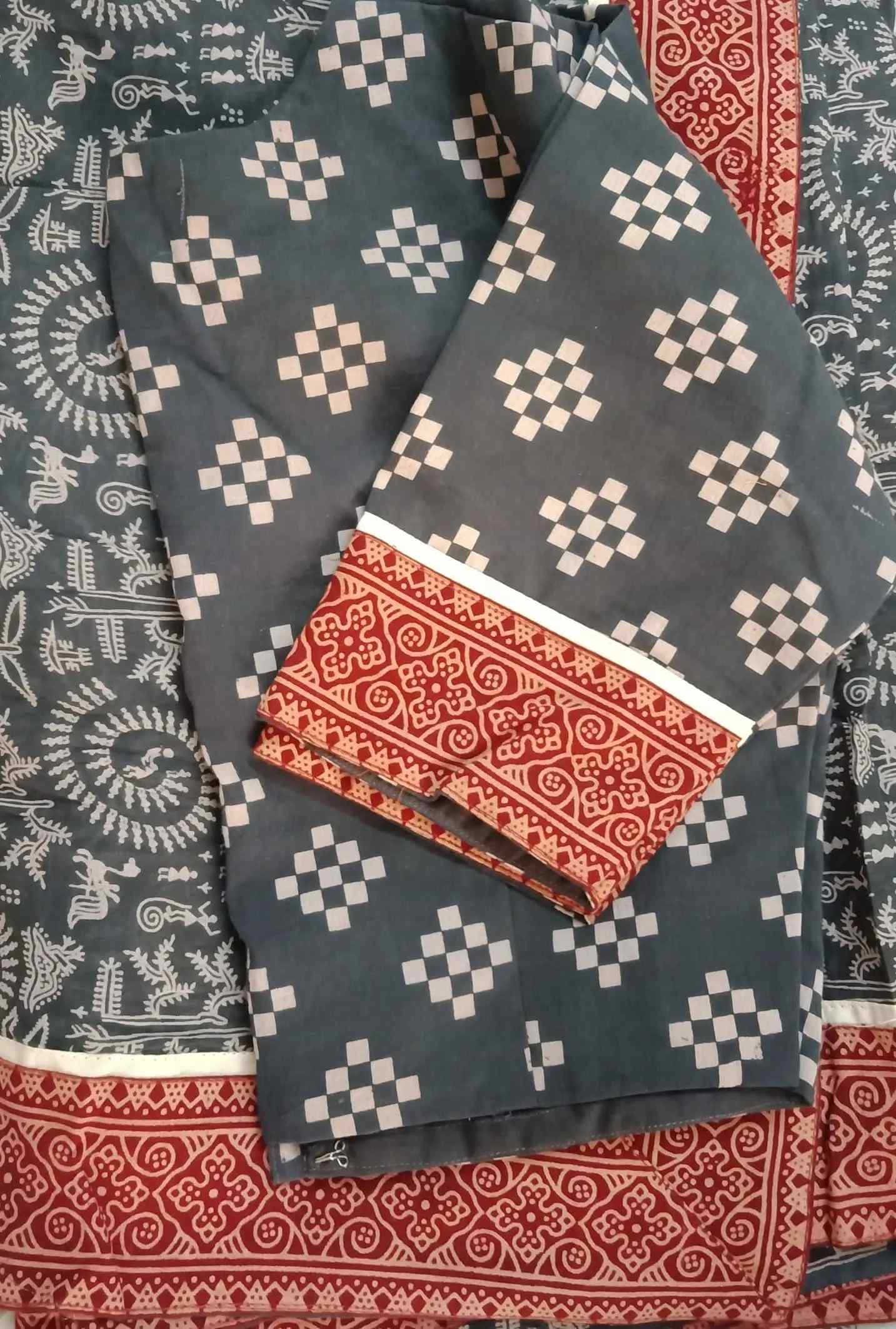 Grey Warli Hand Block Print Mulmul Saree