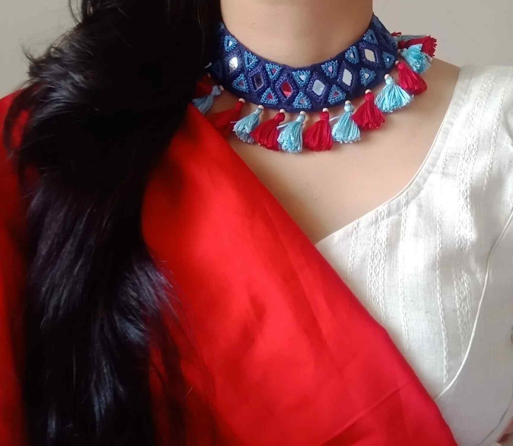Handcrafted Mirrorwork Blue Red Neckpiece