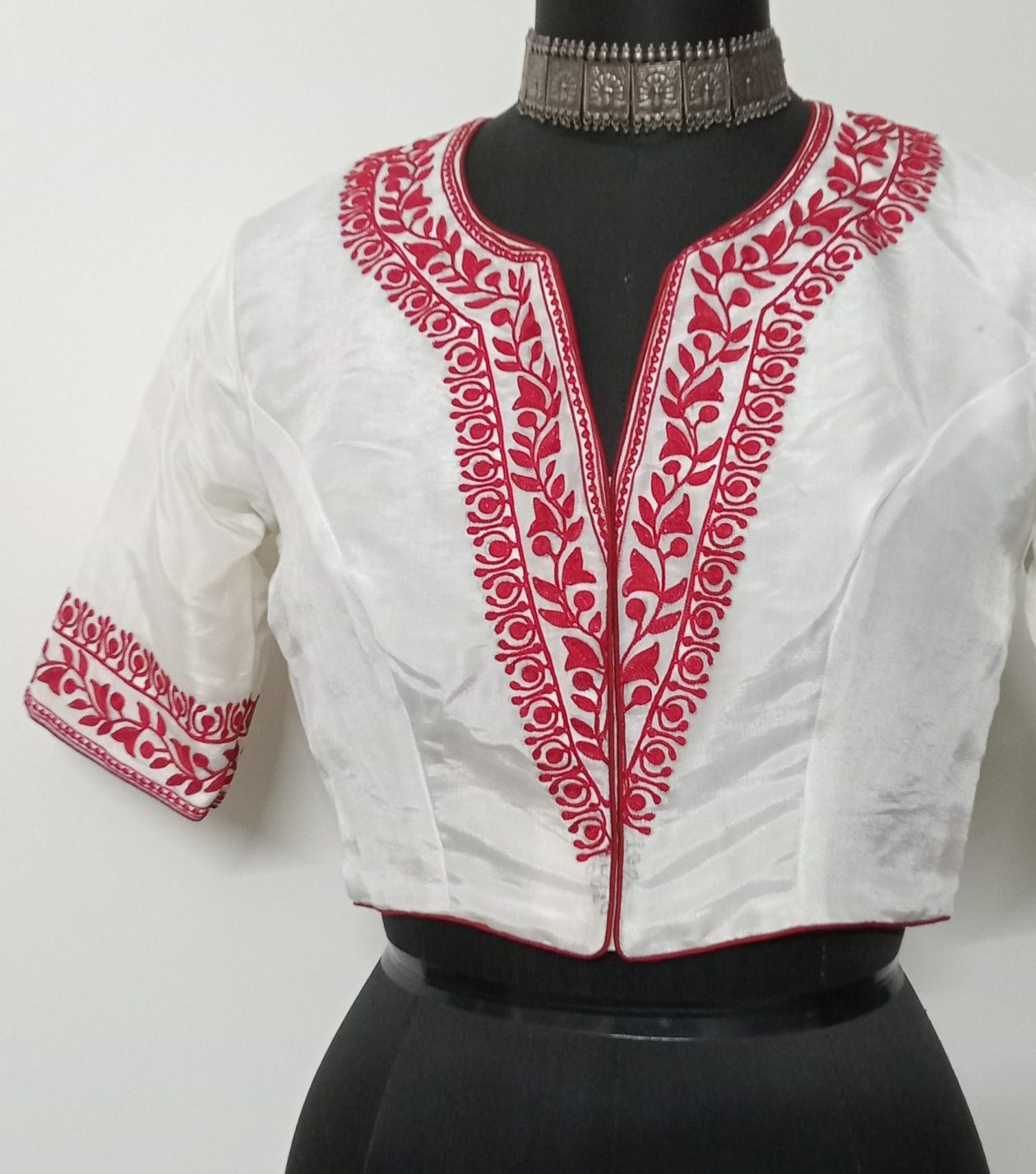 White Upada Silk Blouse in Red Aari work Embroidery
