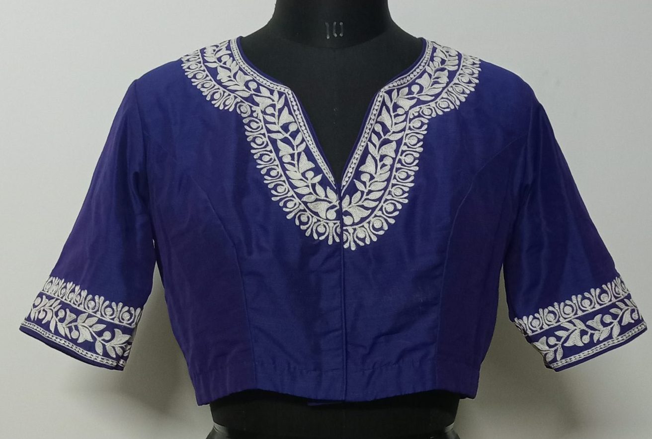 Royal Blue Blouse in off white Aari work Embroidery