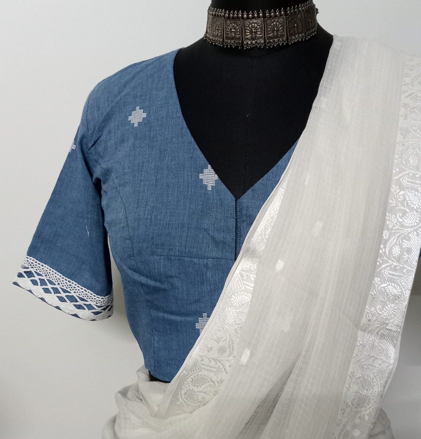 denim blue jacquard blouse