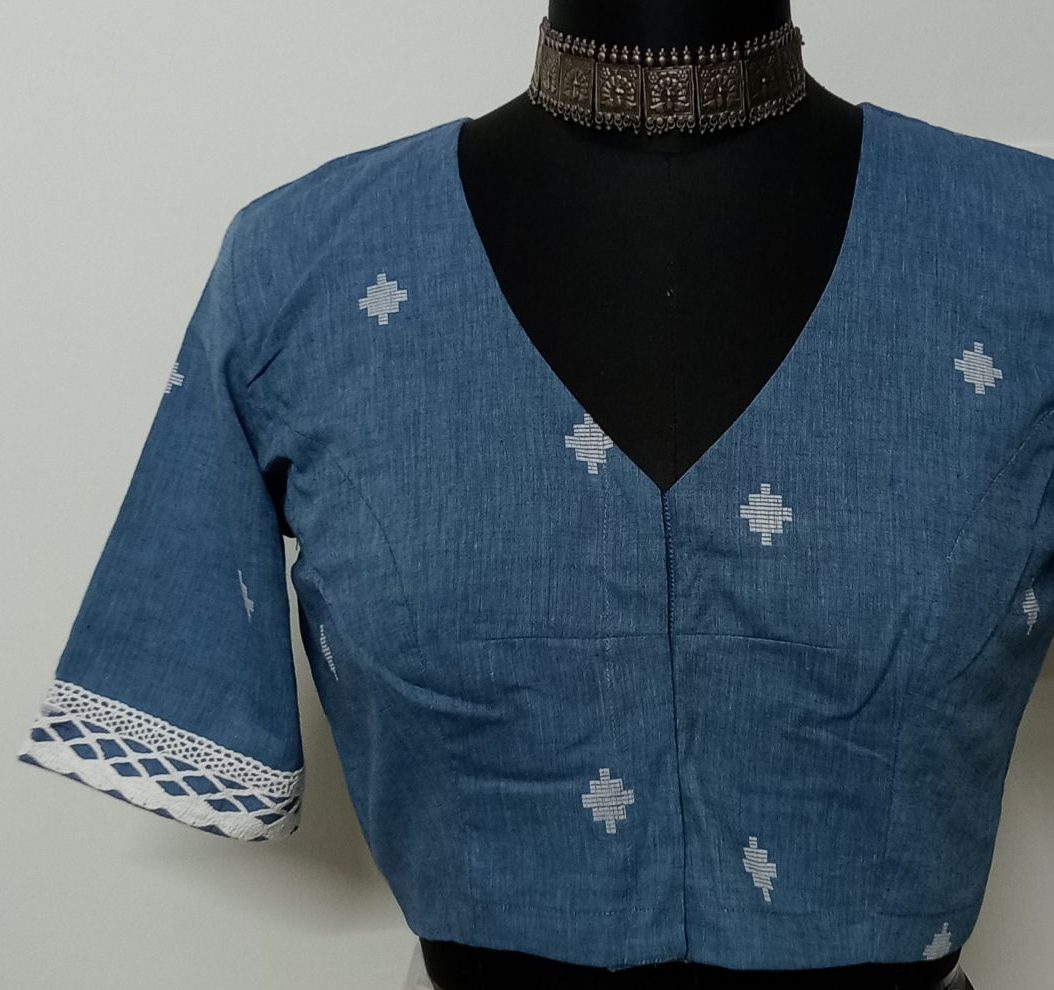 denim blue jacquard blouse