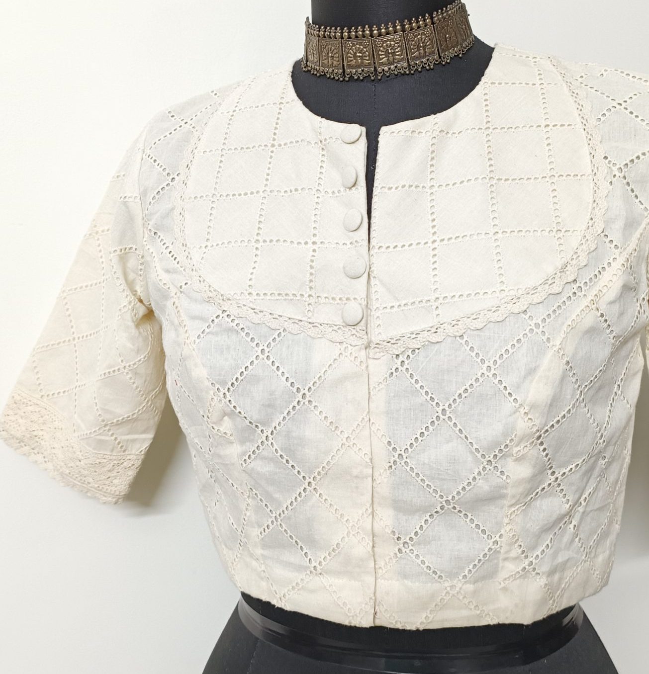 off white cut work checks blouse